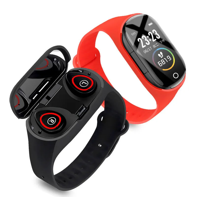Smart bracelet and earphone combo in black, blue, or red with a 1-inch screen and silicone wristband