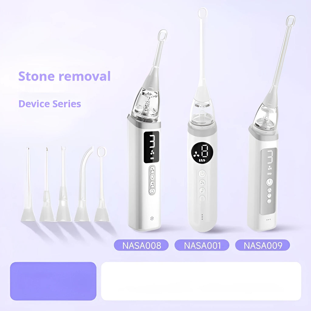 Milky white manual tonsil stone extractor oral cleaning tool set on a white background