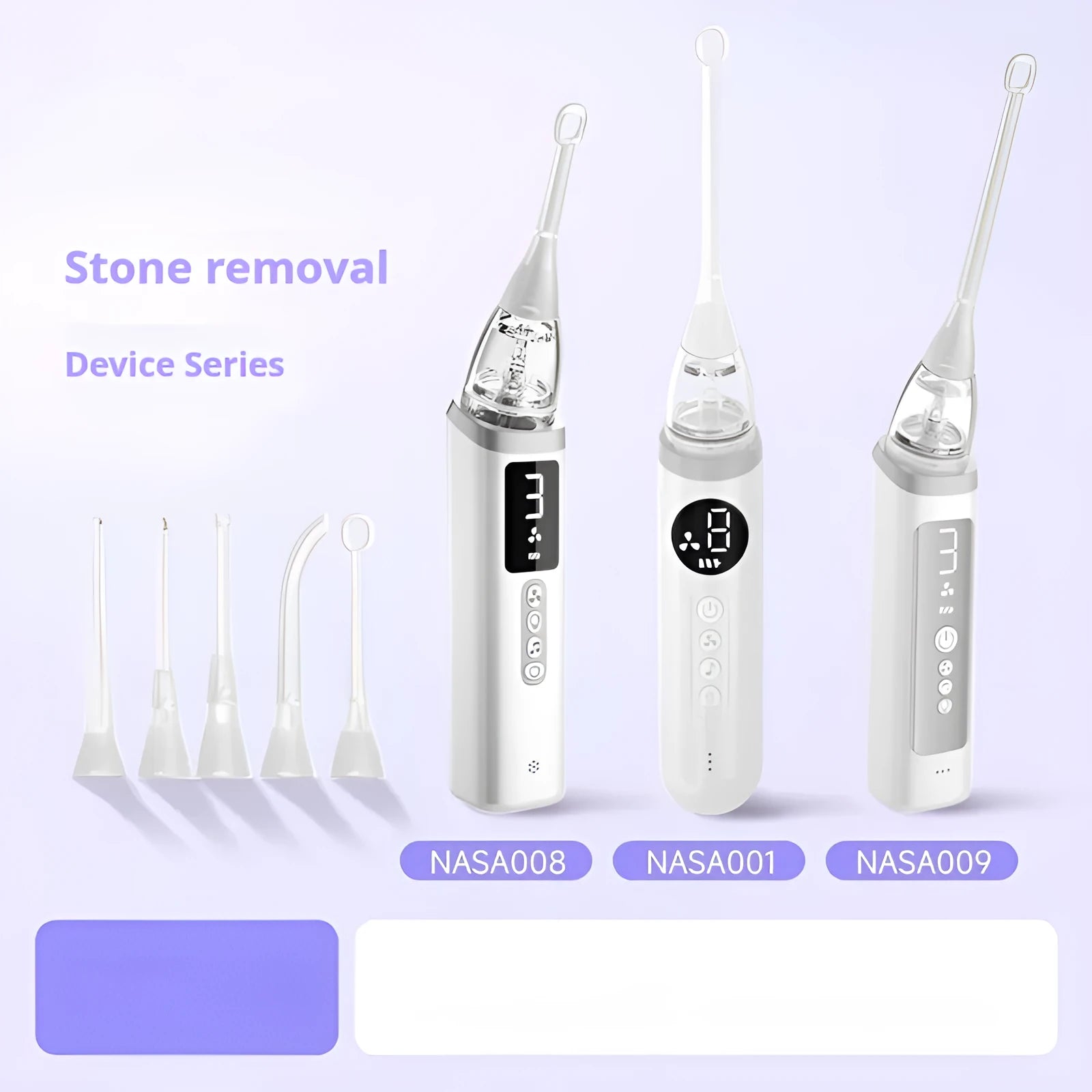 Milky white manual tonsil stone extractor oral cleaning tool set on a white background