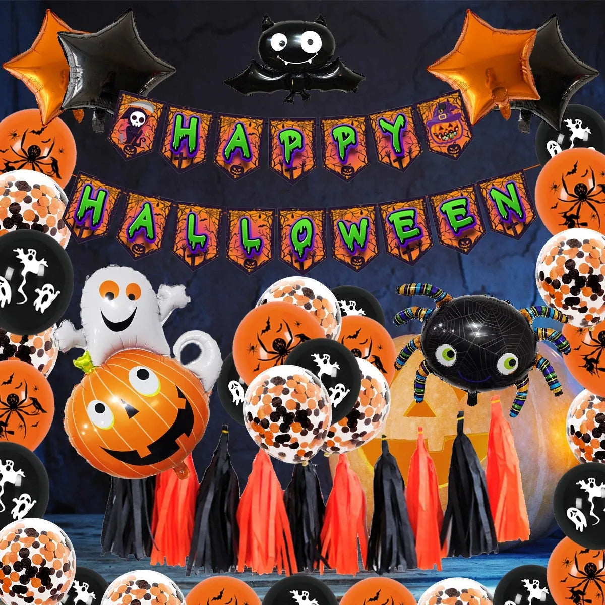 Halloween balloon combo set showing spider arch with skull and pumpkin designs in black and white