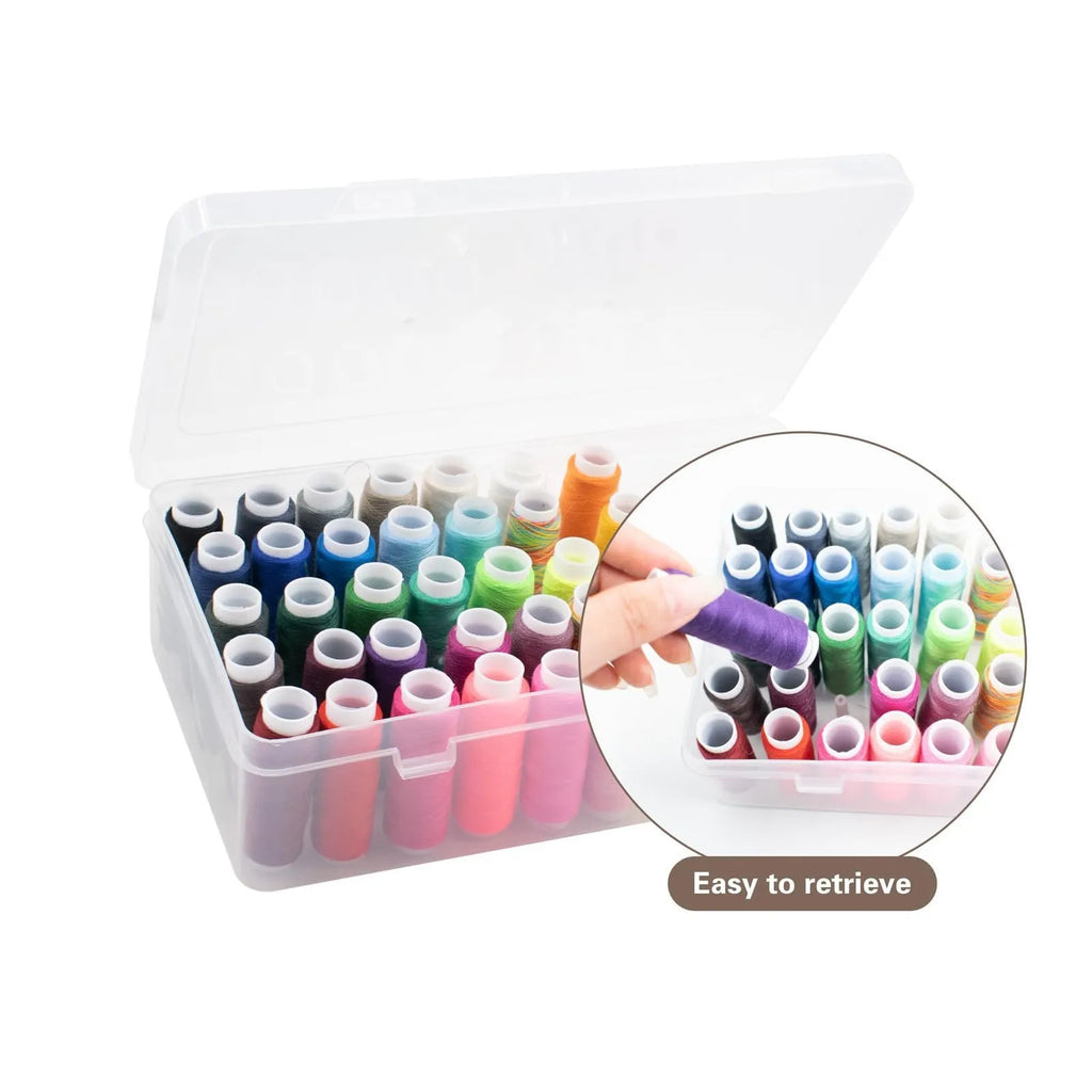 Plastic sewing storage box with 42 positions for embroidery thread spools in transparent, pink, or blue