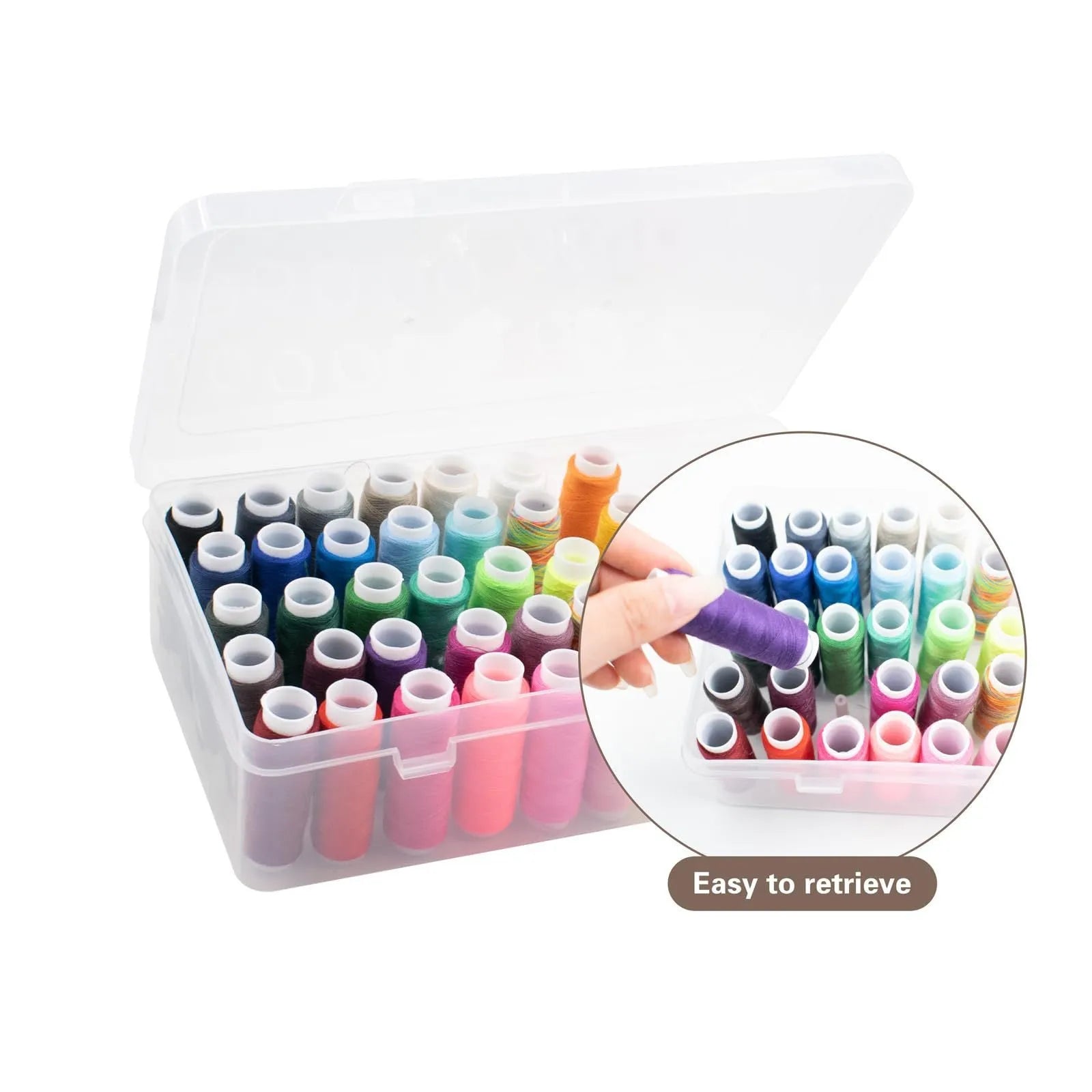 Plastic sewing storage box with 42 positions for embroidery thread spools in transparent, pink, or blue