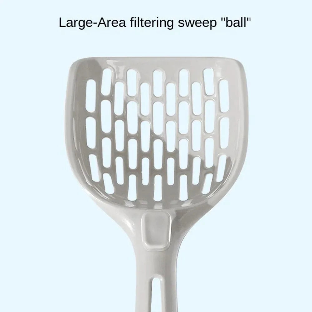 Grey plastic cat litter scoop with anti-slip handle sitting on its matching plastic base tray.
