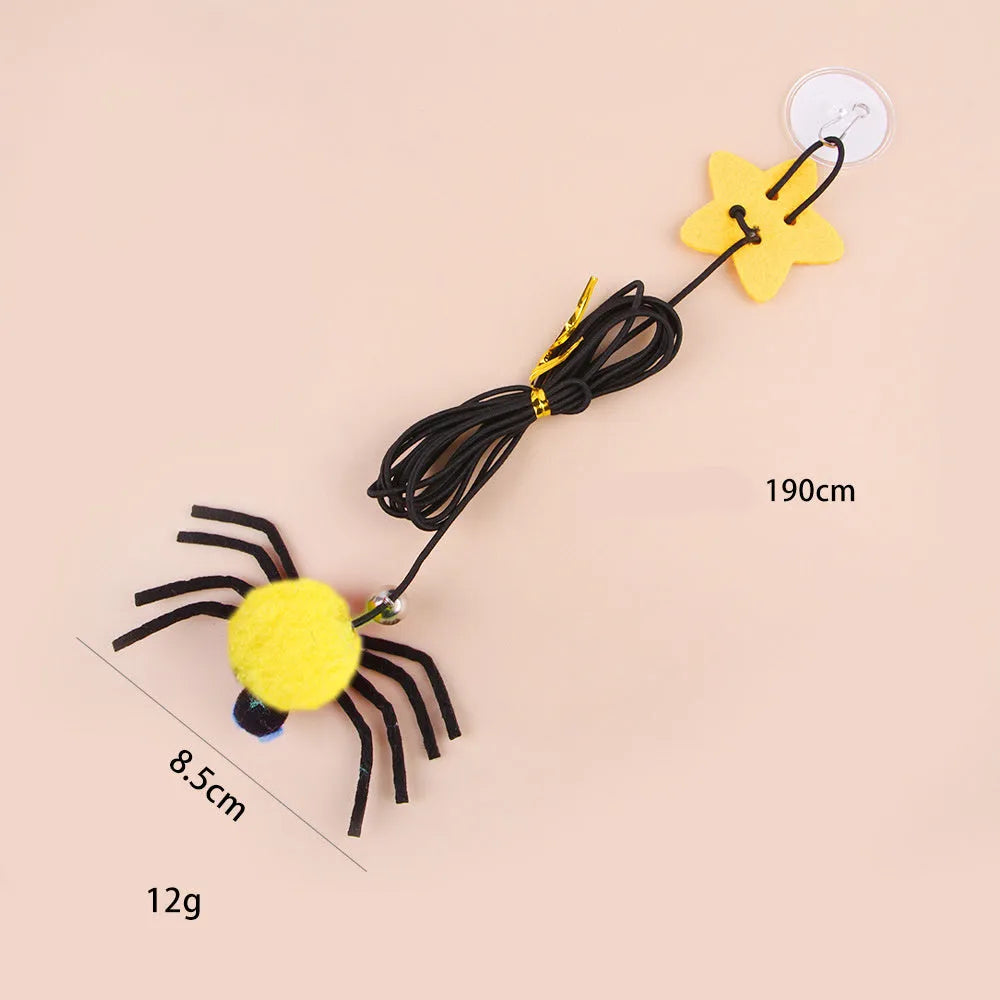 Red and yellow cat hanging door toy with elastic rope, feather playing stick, and bell spider accessory.
