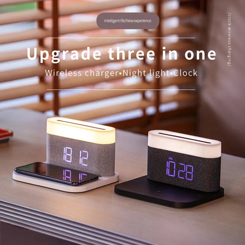 Black and white wireless charging desktop clock with night light function and modern design