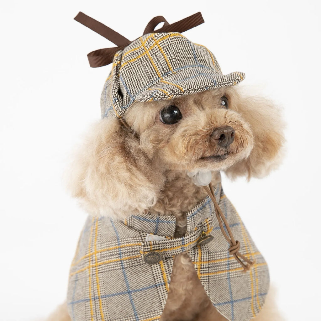 Camel-coloured cotton detective cloak for a pet, showing the adjustable hood and cloak length.