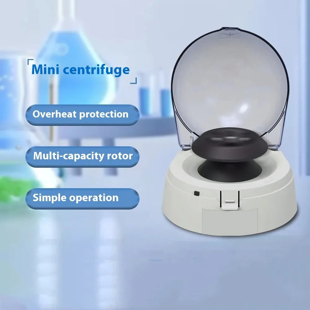 Mini laboratory centrifuge with 7000 RPM capability and compact rectangular design