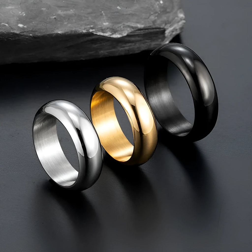 Glossy electroplated titanium steel ring in gold, black, or steel colour showing band detail