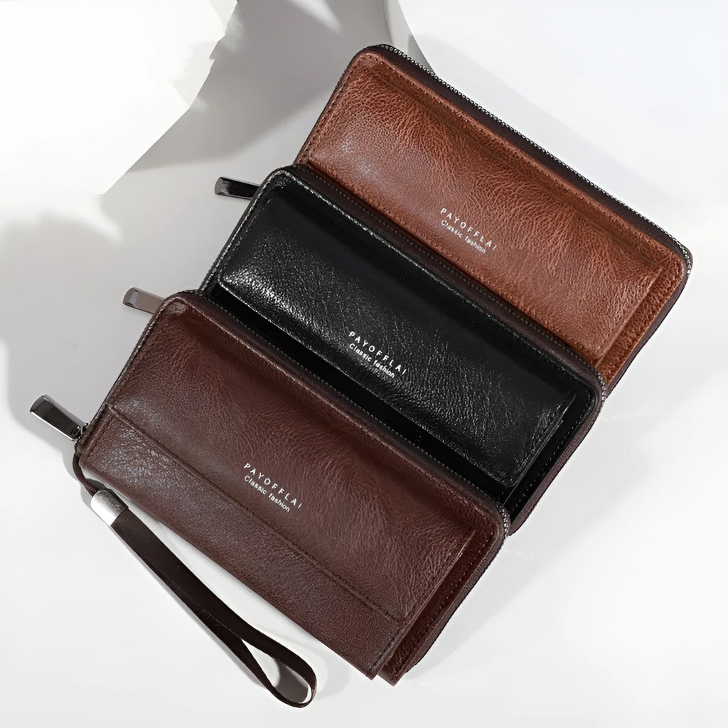 Men's black PU leather long wallet with multiple card slots, shown closed with slim profile.