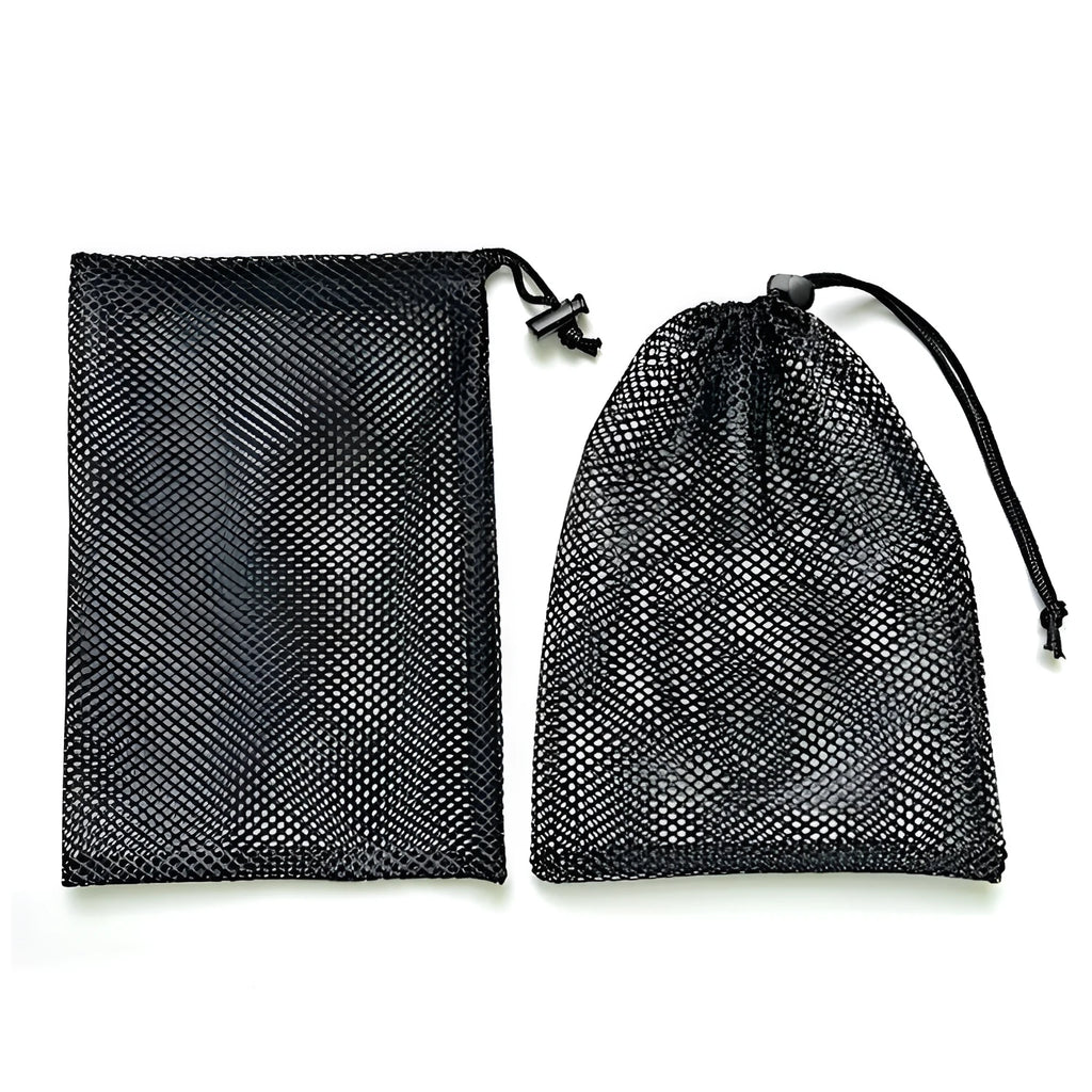 Black drawstring mesh storage bag for children's toys, shown in three sizes on a white background.