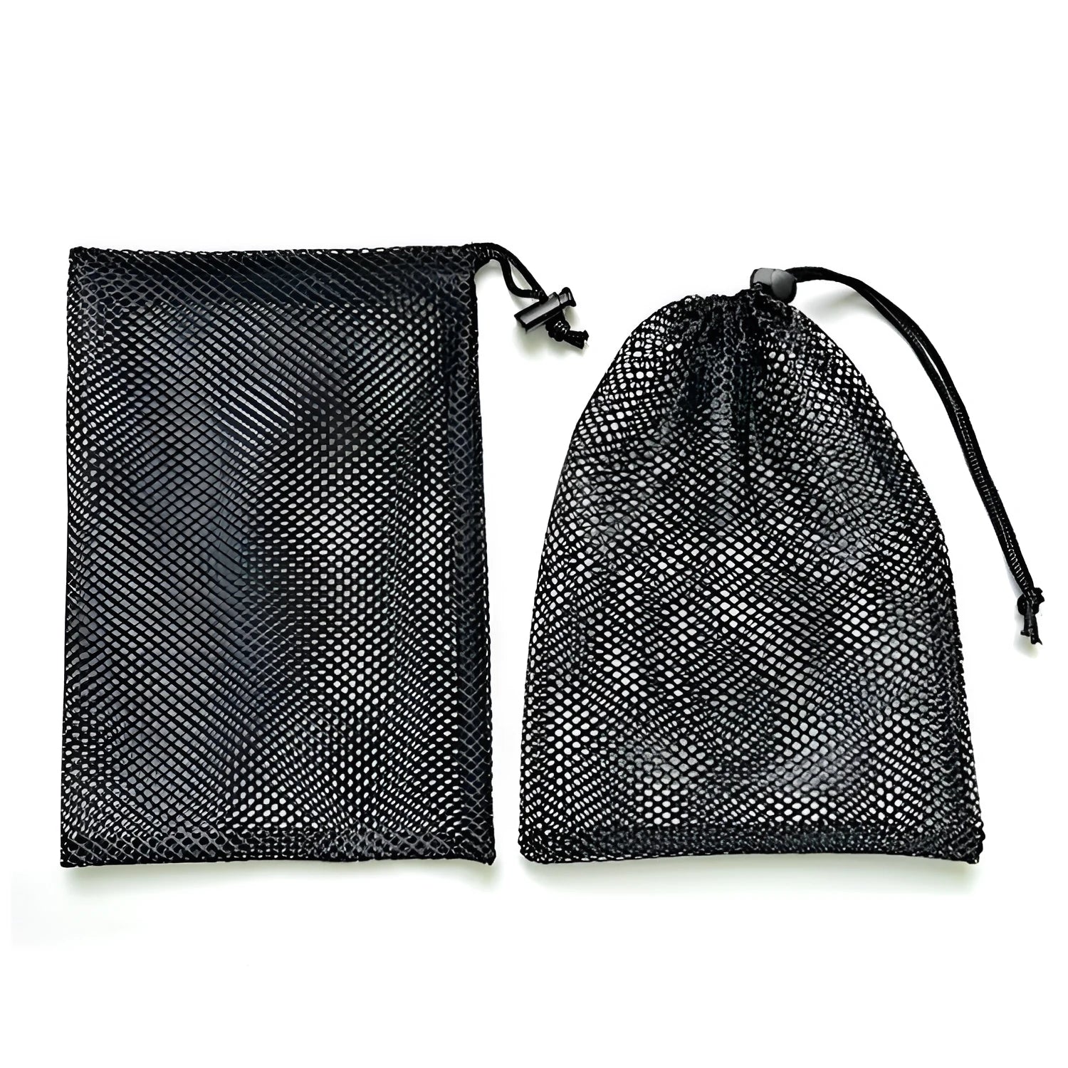 Black drawstring mesh storage bag for children's toys, shown in three sizes on a white background.