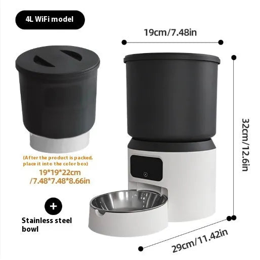 White 4-litre smart pet feeder with digital display and stainless steel bowl on a wooden floor.