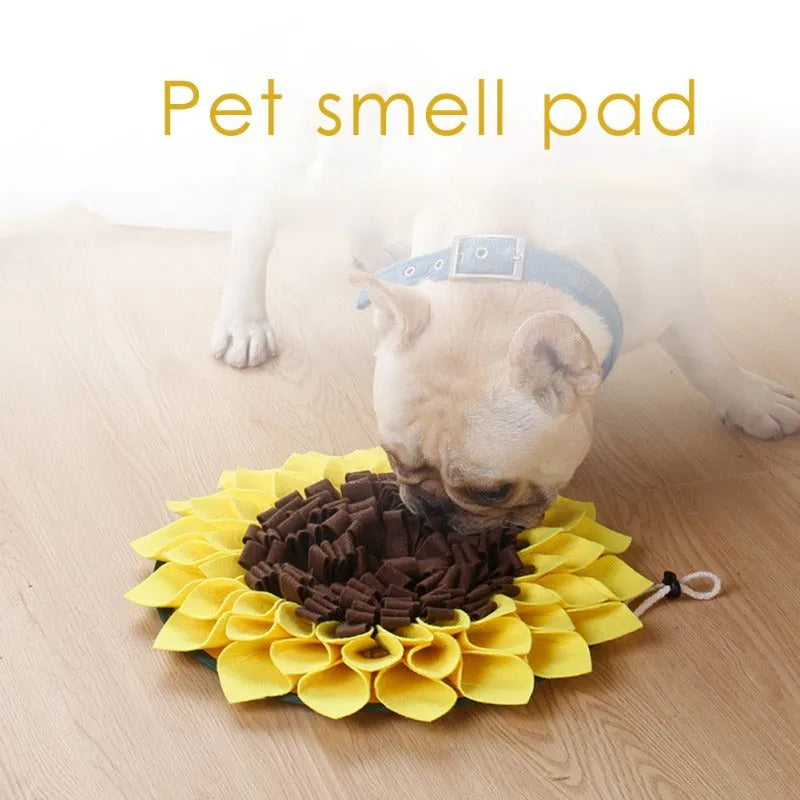 Yellow sunflower shaped dog snuffle mat with fleece petals for treat hiding games