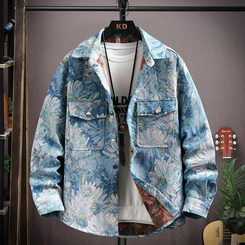 Casual lapel shirt coat in polyester fabric showing straight hem and long sleeve design