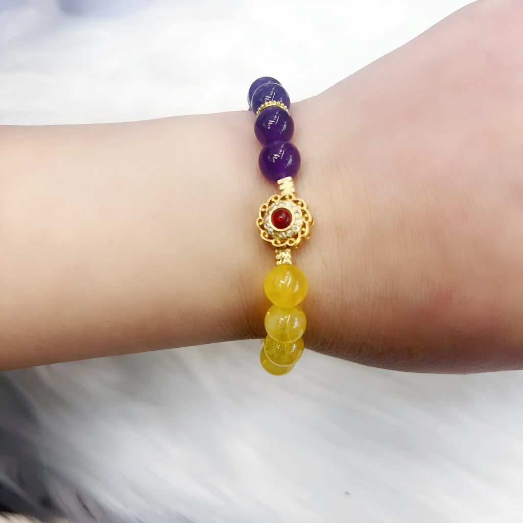 Handmade women's yellow and purple crystal amethyst bracelet with manual craftsmanship