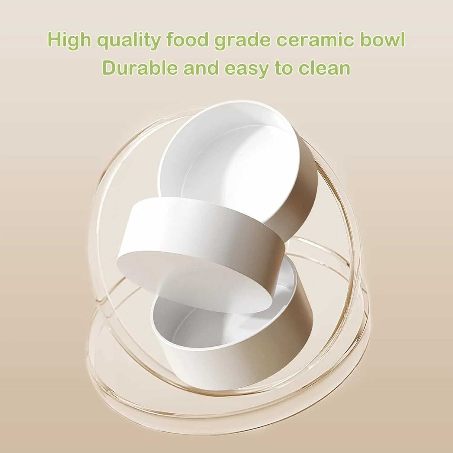 Green and white ceramic elevated cat bowls on a tilted stand with non-slip base