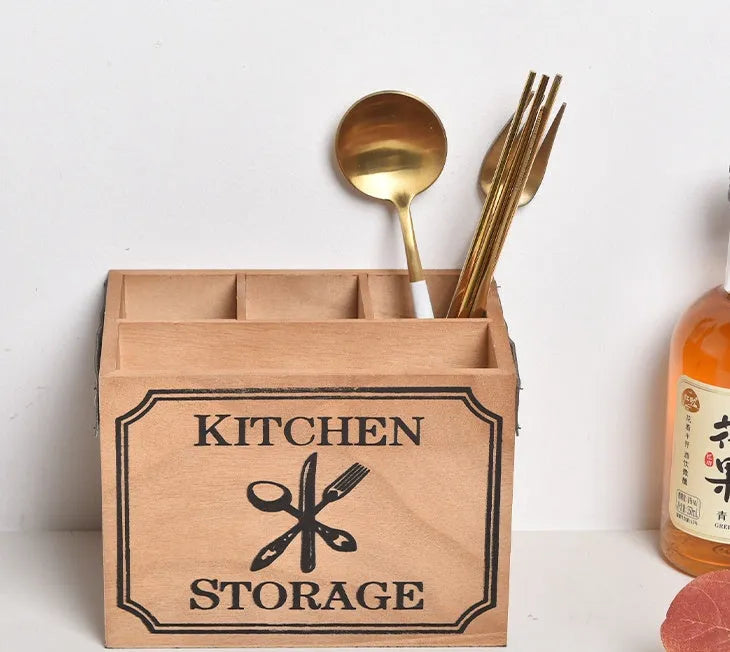 Wooden kitchen storage box with grid dividers for cutlery organisation