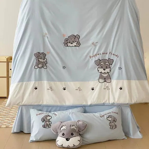 Cartoon Schnauzer embroidered pattern on a thickened cotton bedding set including quilt cover and pillowcases.