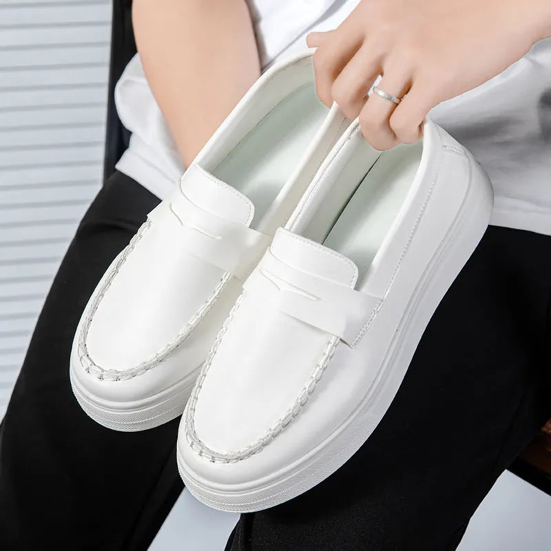 Men's casual slip-on loafers in artificial PU with round toe, shown in white, black and white, and khaki.