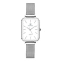 Women's rose gold or silver waterproof quartz watch with woven steel band and alloy case.