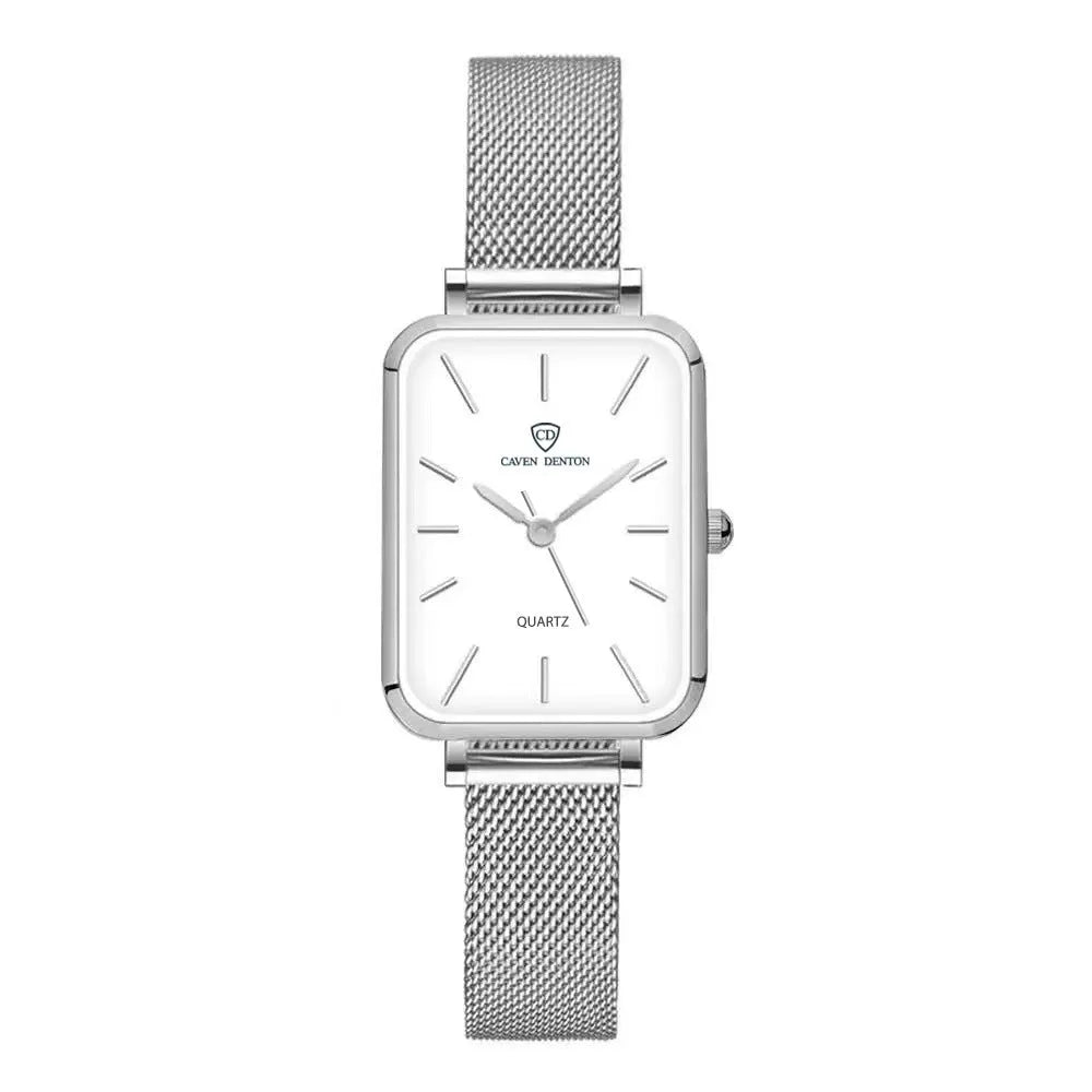Women's rose gold or silver waterproof quartz watch with woven steel band and alloy case.