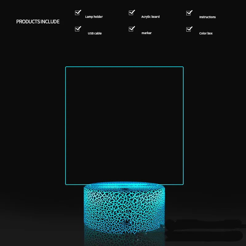 3D handwritten acrylic message board night light with black base and remote control displaying glowing text
