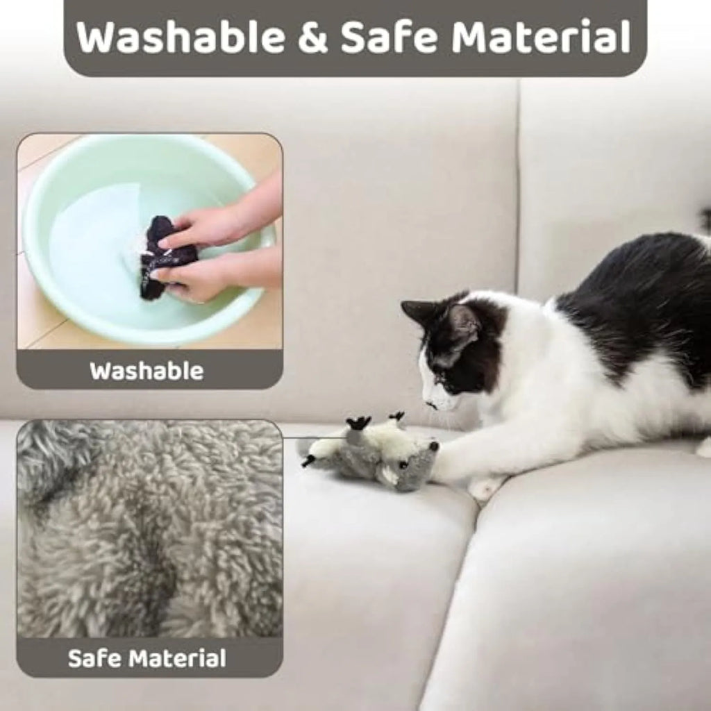 Gray flapping squirrel cat toy with electronic components and soft plush material