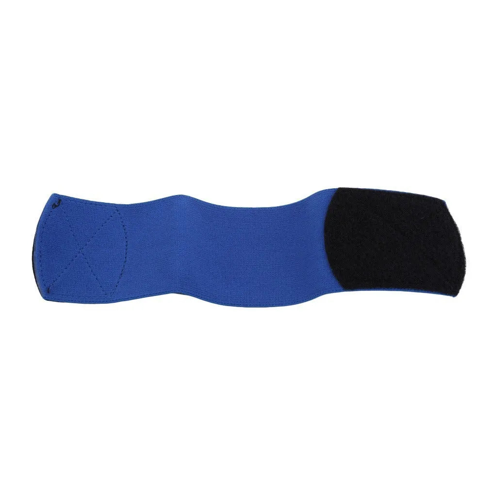 Rubber football shin guard tape belt showing black, blue, red, and white colour options with 25x6.5cm dimensions.