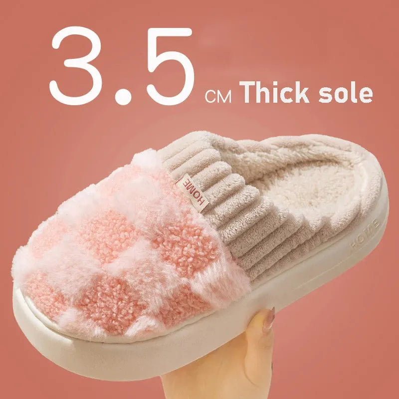Women's plush indoor slippers in grey with round toe, non-slip PVC sole, and coral velvet upper.