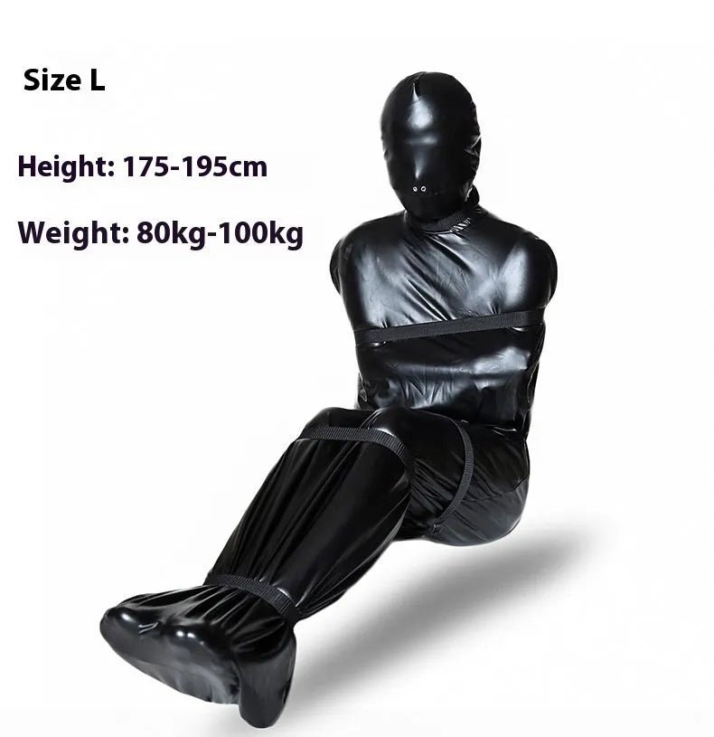 Black patent leather bondage set with full coverage garment and six ratchet tie-down straps