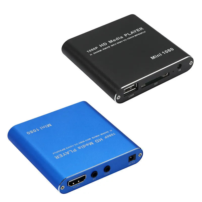 Compact black 1080P media player with HDMI USB SD ports and metal casing