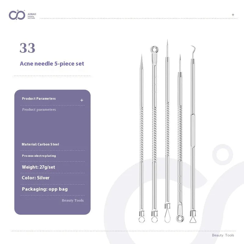 Four silver metal acne needles with fine pointed tips for blackhead removal.