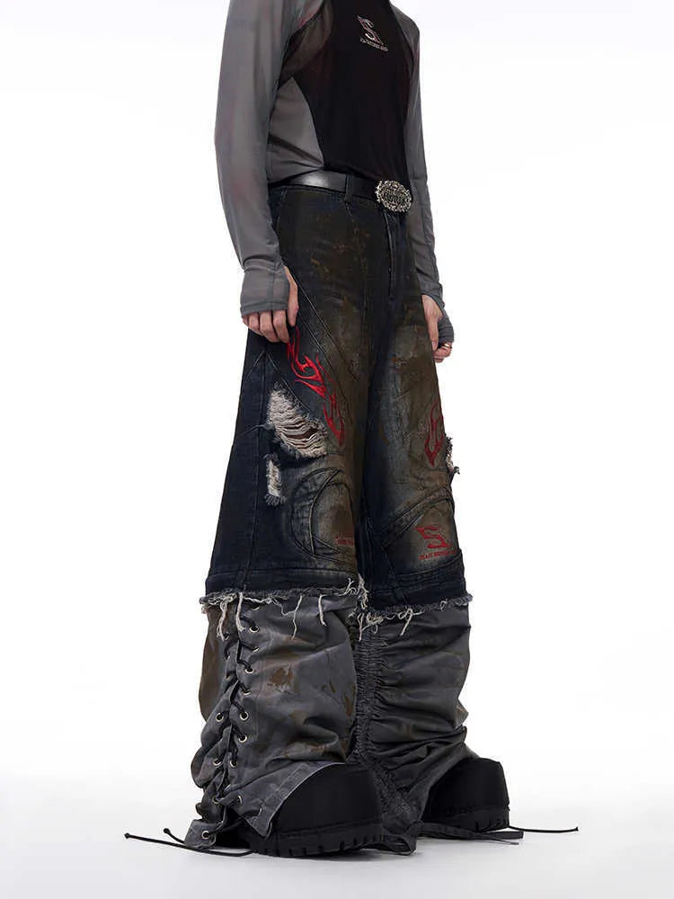 Men's retro wide leg jeans with detachable trousers legs in picture colour denim