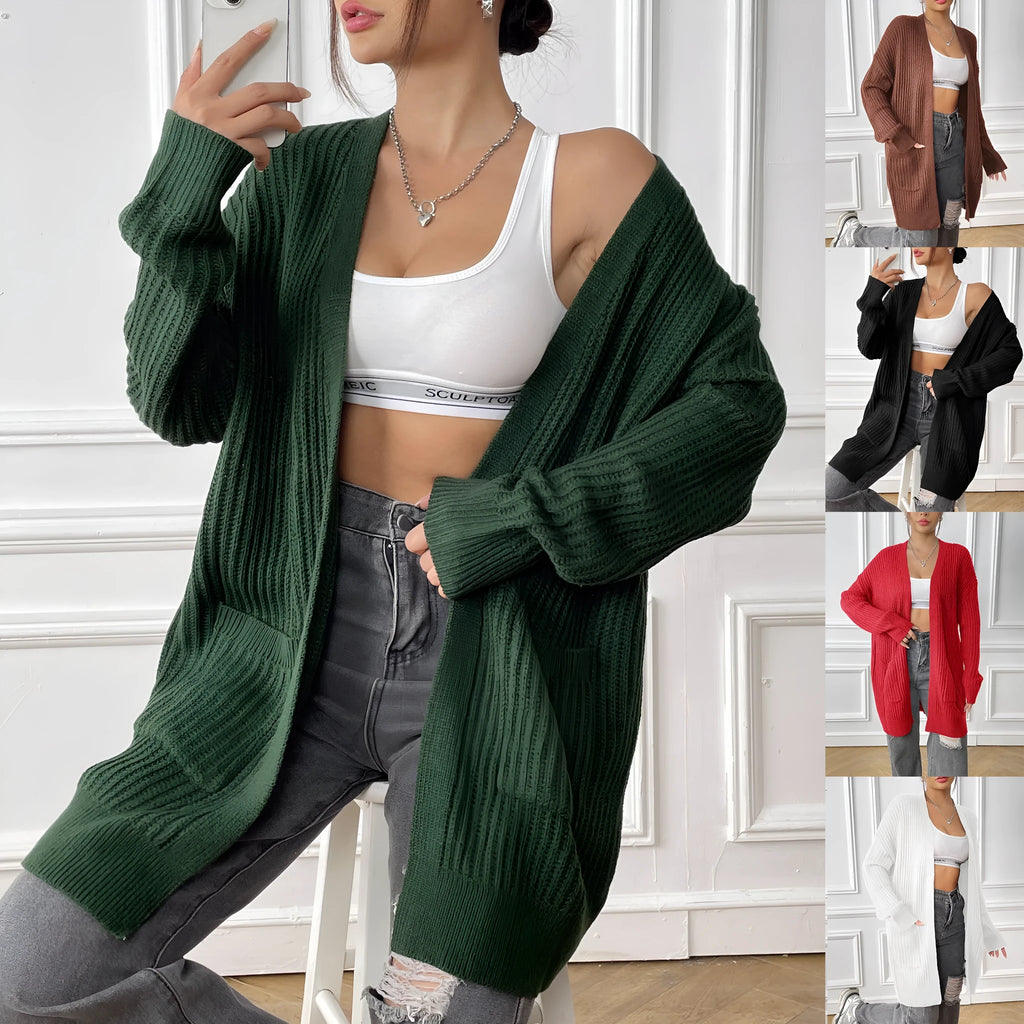Women's loose fit acrylic cardigan sweater with double pockets in dark green colour