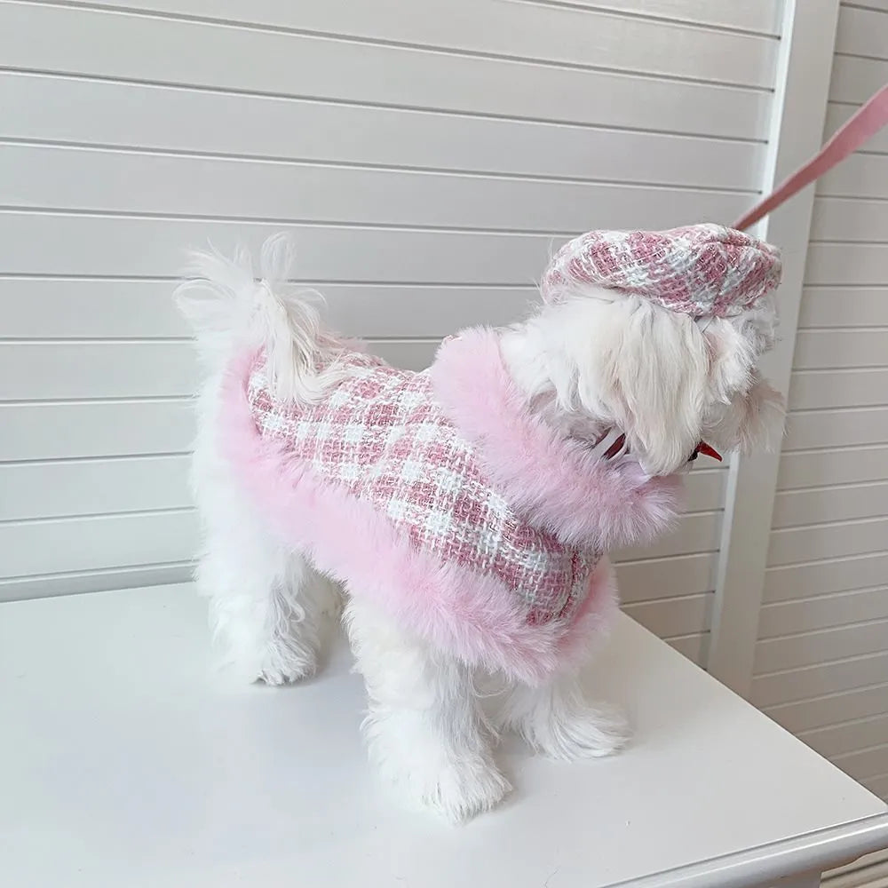 Pink polyester cat costume set with cape, beret, and hand-holding rope leash on feline model