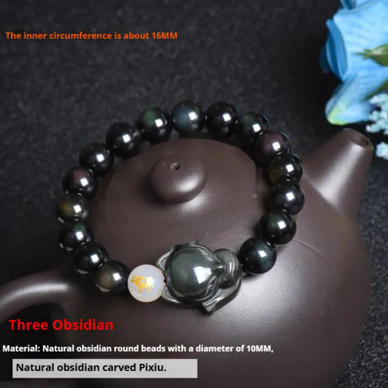 Natural obsidian zodiac bracelet with 10mm beads in three style variations