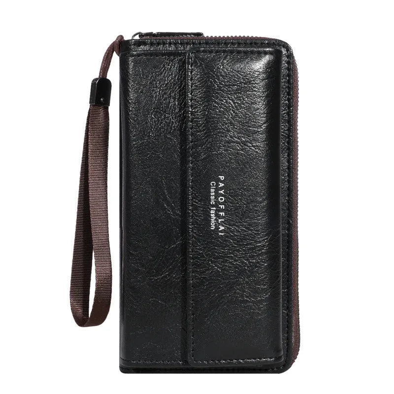 Men's black PU leather long wallet with multiple card slots, shown closed with slim profile.