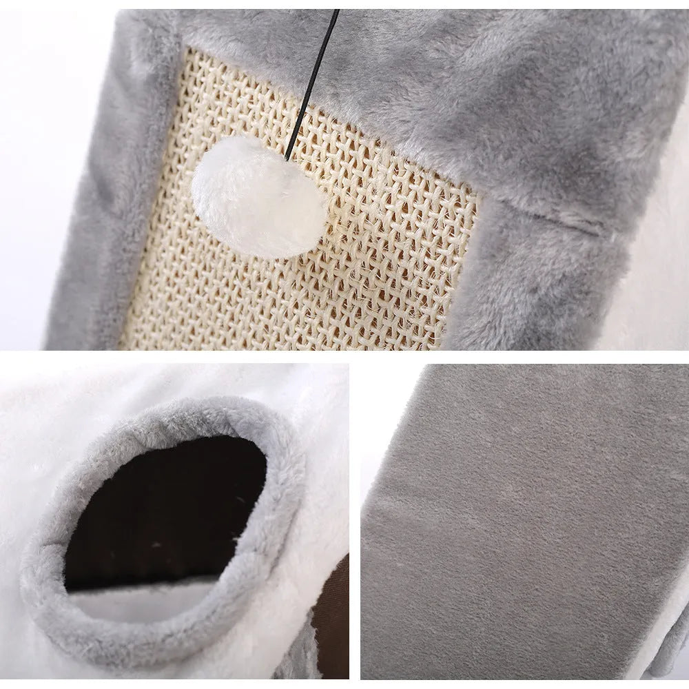 Grey and white triangle sisal scratching post for cats on a wooden floor.