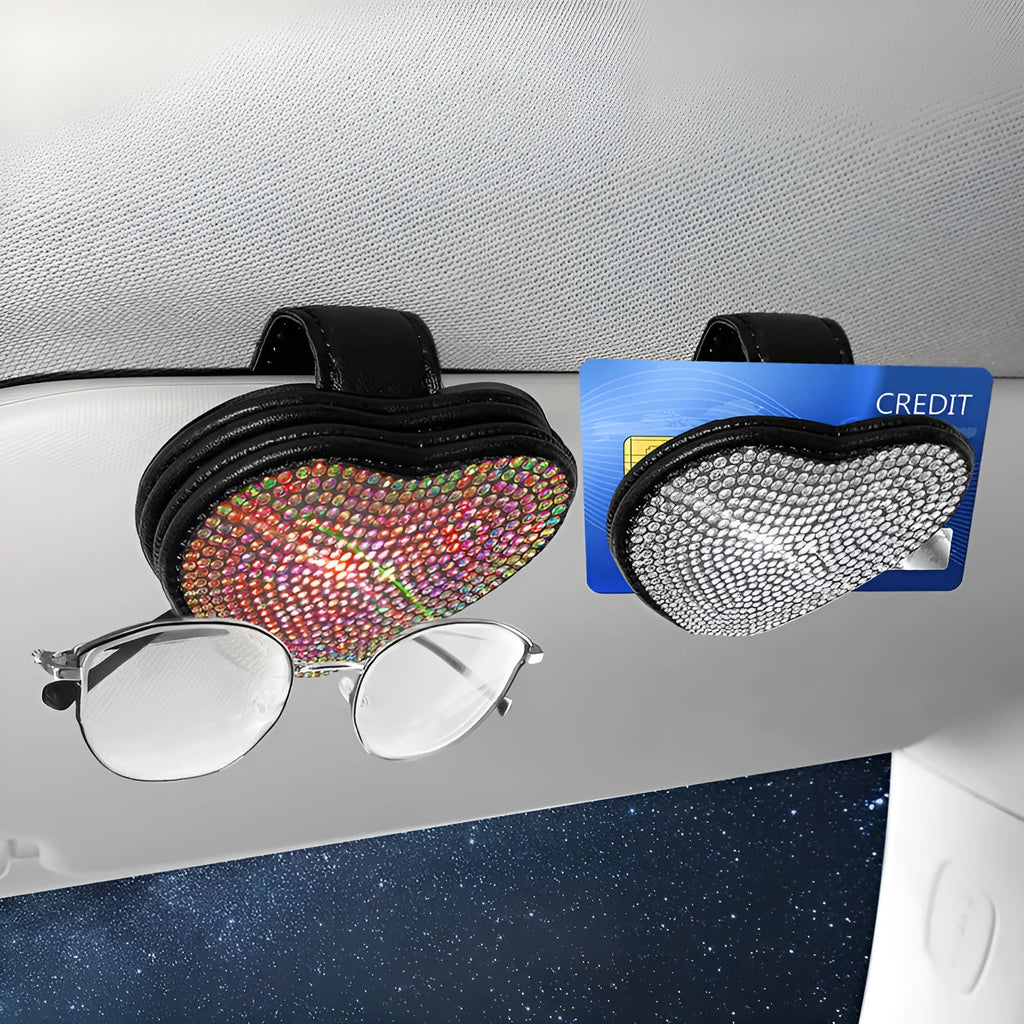 Car sun visor glasses clip made of PU leather with diamond encrusted design in various colours holding sunglasses