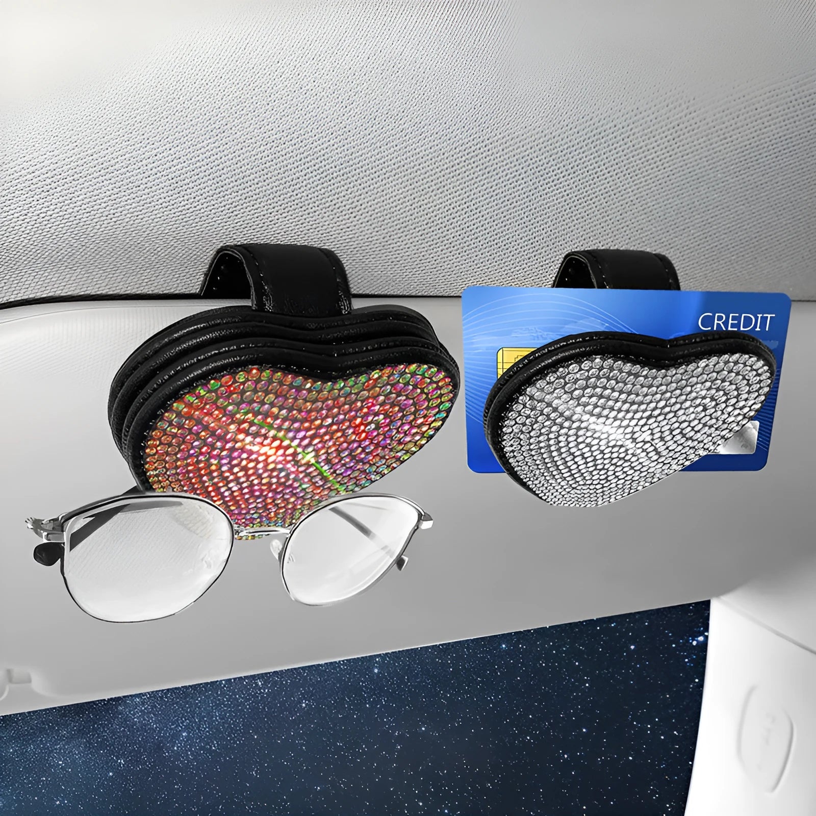 Car sun visor glasses clip made of PU leather with diamond encrusted design in various colours holding sunglasses