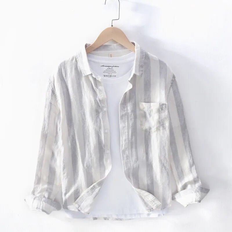 Men's blue Hong Kong style loose fit long sleeve shirt with thin polyester construction