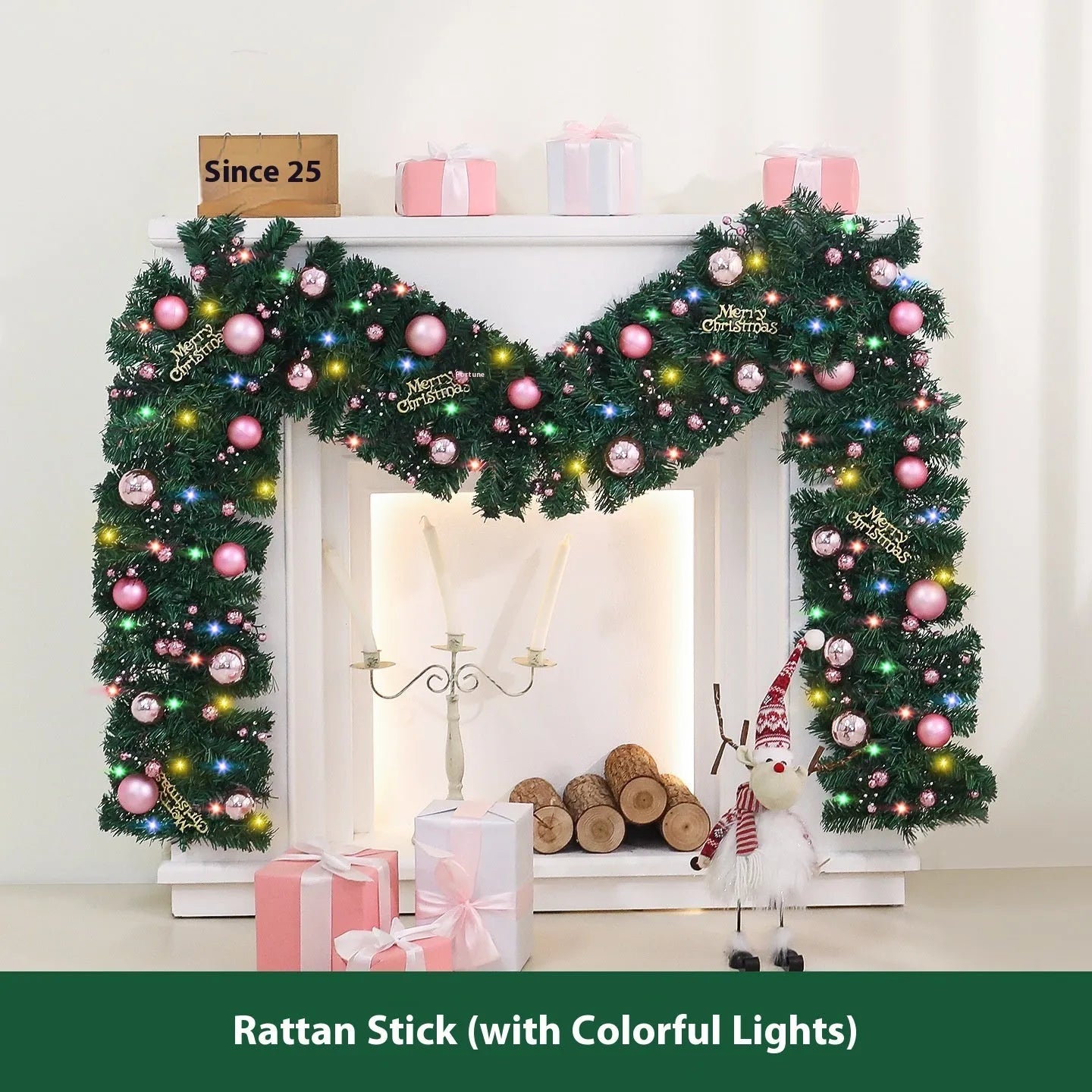 2.7-metre pink Christmas rattan vine decoration with 240 PVC fruit head ornaments in Korea style