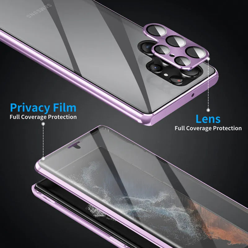 Magnetic mirror phone case with peep-proof screen for Samsung Galaxy S24 Ultra in black, showing magnetic backplate.