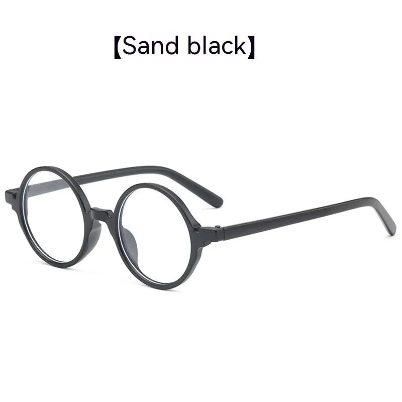 Retro round glasses with no diopters in bright black, sand black, tofu pudding, and transparent grey colours