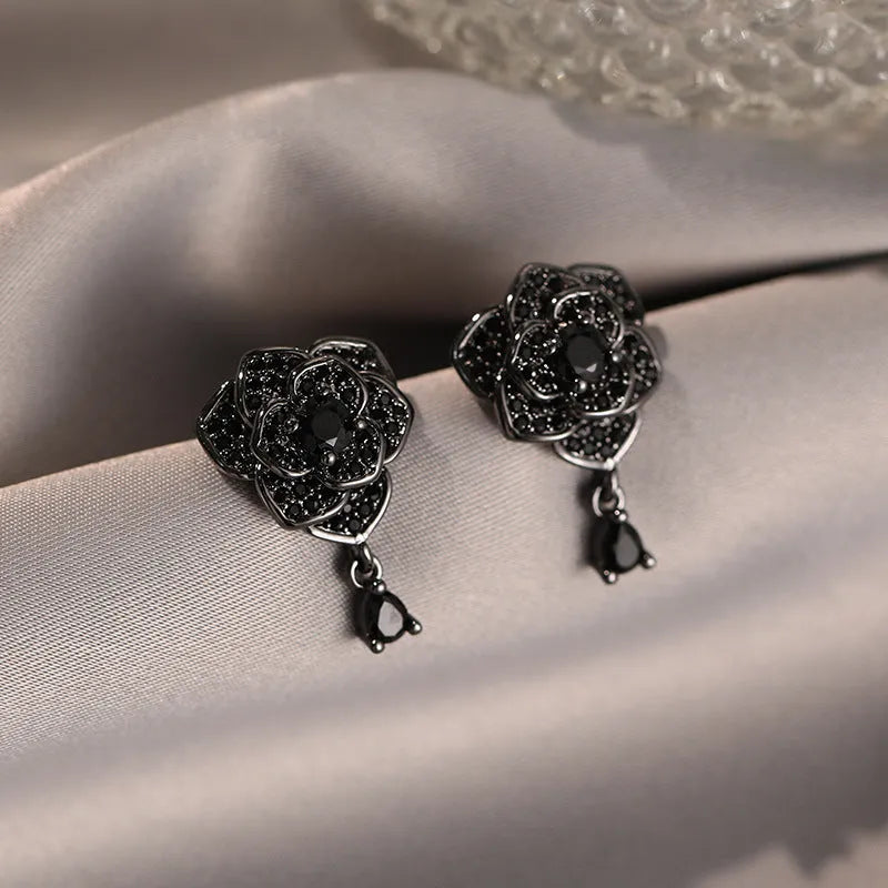 Black rose zircon stud earrings with flower shaped design on copper base