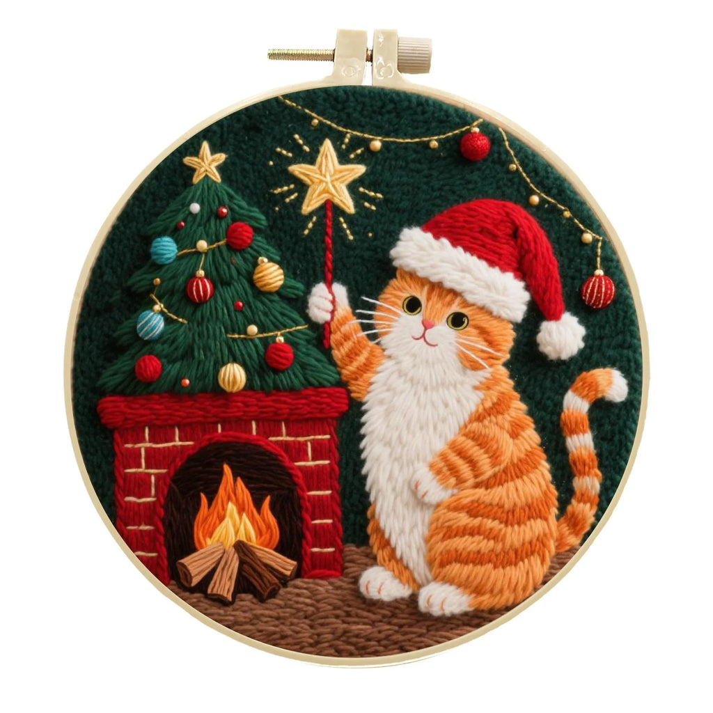 Embroidery fabric DIY material package showing cotton and linen fabrics with autumn fruit patterns for cat designs