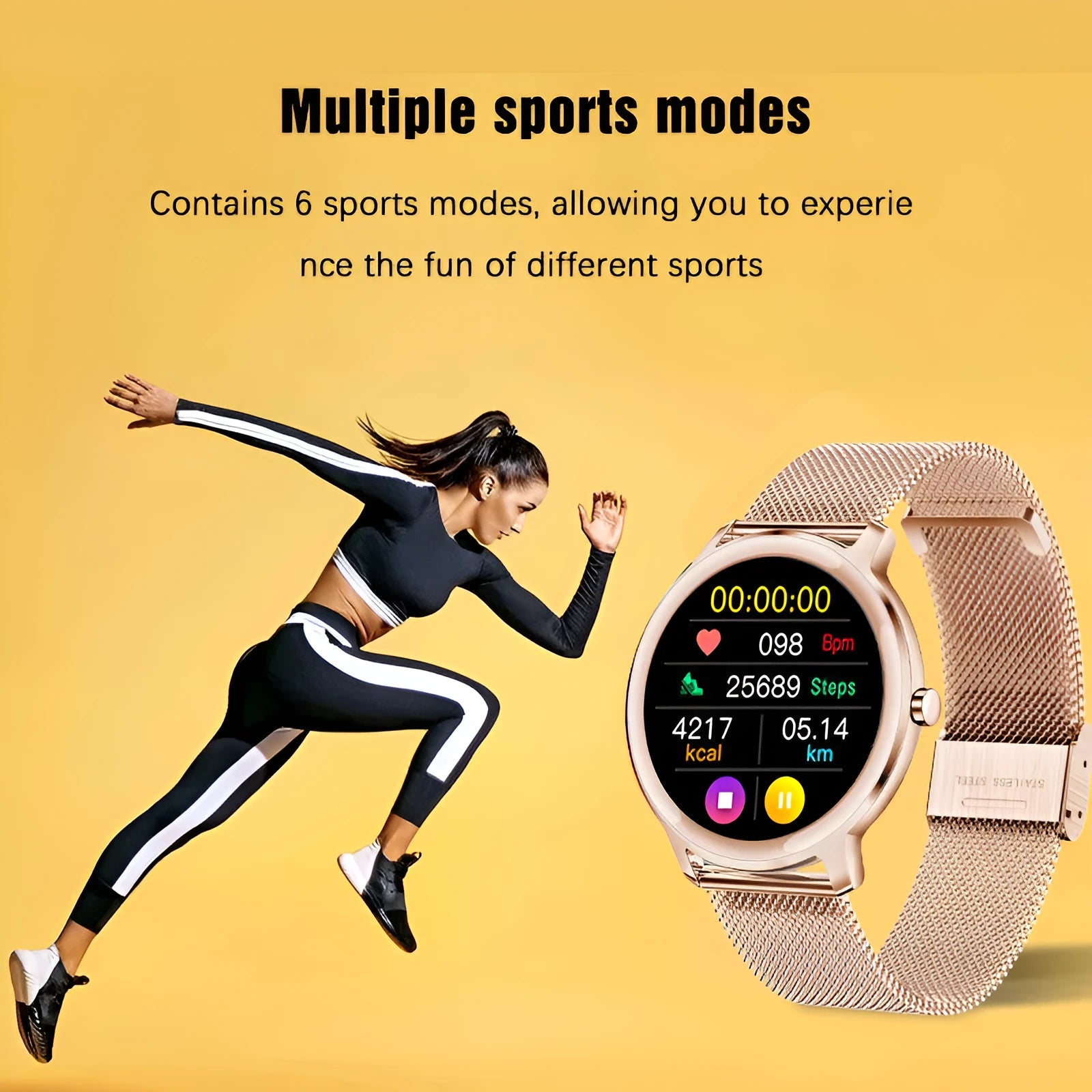 Women's smart watch with stainless steel mesh strap and 1.3-inch touch screen display