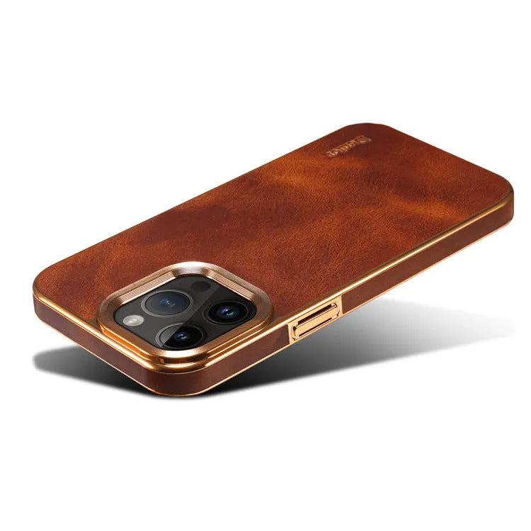 Handmade vintage leather phone case for iPhone showing slim profile and precise cutouts