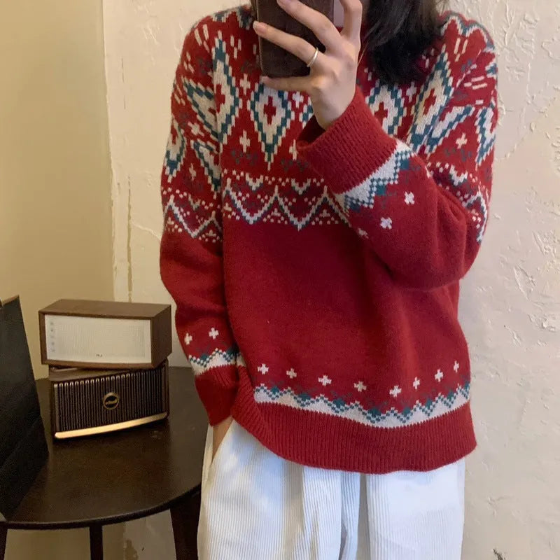 Striped retro loose fit pullover knitted top with long sleeves in white or red