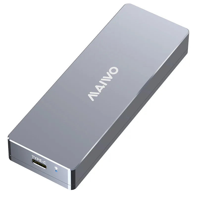 Aluminium M.2 NVMe SSD external enclosure with USB Type-C cable and installation tools on a grey background.